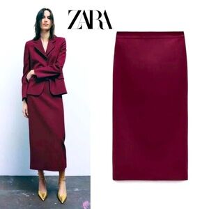 ZARA Sz M Burgundy Midi Pencil skirt & Buttoned Tailored Blazer Suit